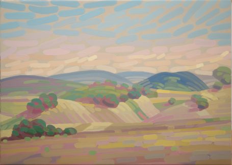 Sommerlandschaft, 70x50cm Blick über ein hügelige Landschaft mit Feldern im Sommer in warmer, toniger Farbigkeit
