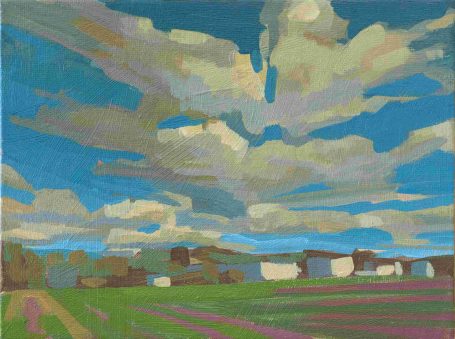 Hort, 20x15cm Sommerlandschaft unter einem markanten Wolkenhimmel, kräftiger Pinselstrich, Hausreihe reflektiert warm das Sonnenlicht