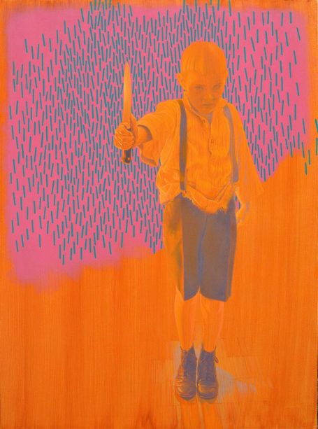 Mutiger Junge, 120x90cm Junge in kurzer Hose in der rechten Bildhälfte hebt den rechten Arm und zeigt ein großes Messer, Farben Magenta, Orange, Türkis, Dunkelbau