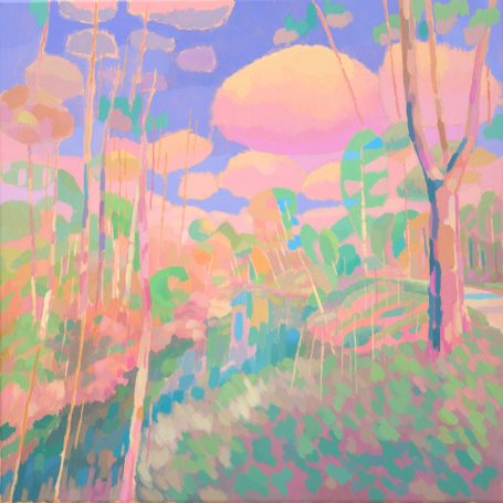 Roter Baum, 50x50cm Blick auf einen kleine Flusslauf mit Bäumen und Büschen in hellen Pastelltönen für blauem Himmel mit runden Wolken