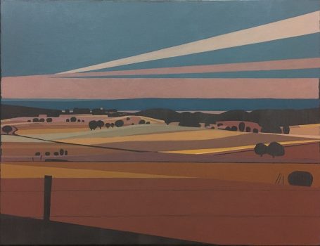 Felder, 90x70cm Grafische Darstellung Landschaft mit Feldern die klar abgegrenzt nebeneinander stehen gesäumt von Bäumen in Kreisformen, gedeckte Farben